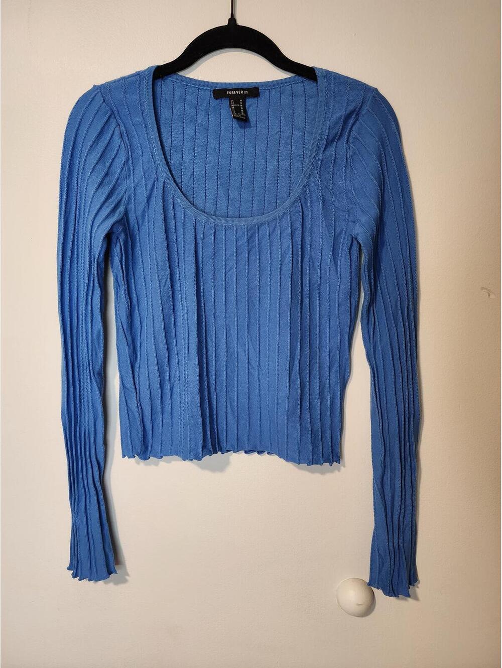 Forever 21 Y2K Blue Ribbed Long Sleeve Scoop Neck Knit Top Size M